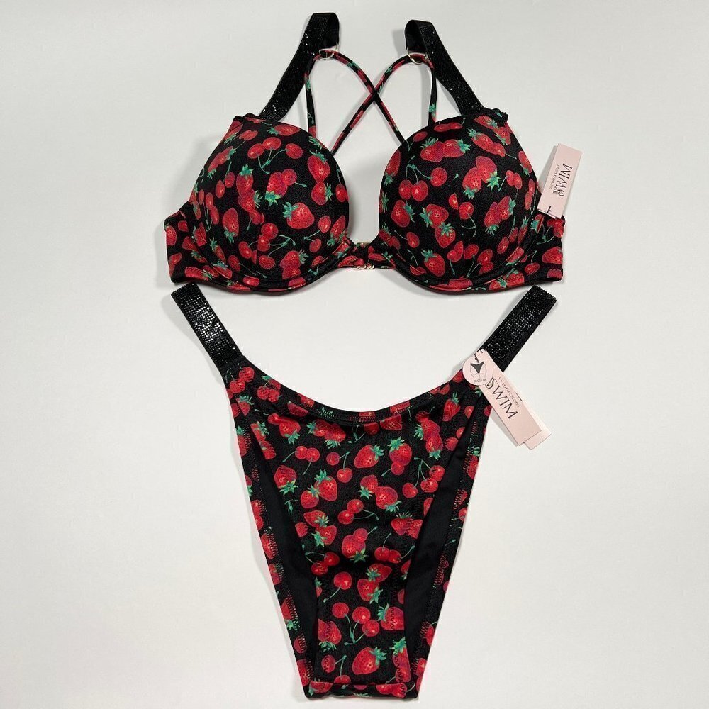 Victoria Secret 38C L Bombshell Push Up Top Bikini Set Shine Strap Cherry Print